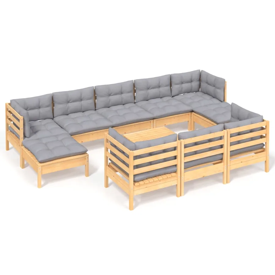 Salon de jardin 11 pcs avec coussins gris Bois de pin solide - 2