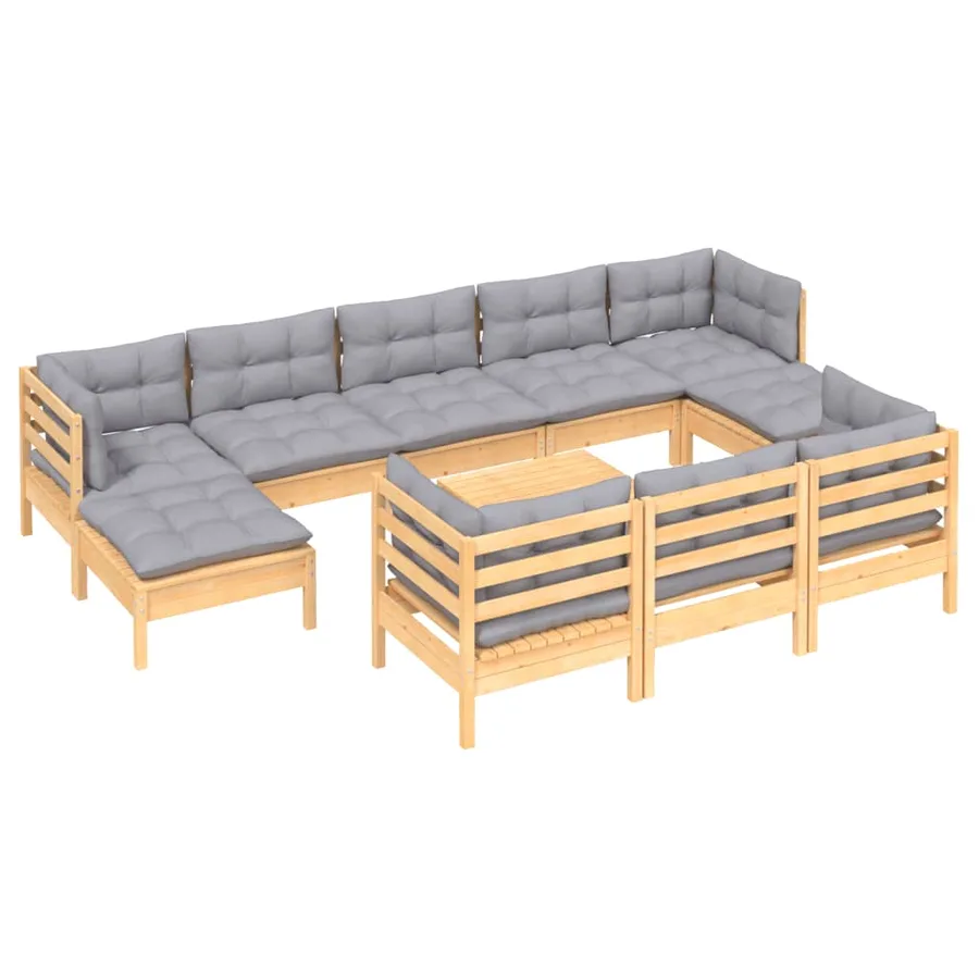 Salon de jardin 11 pcs avec coussins gris Bois de pin solide - 3