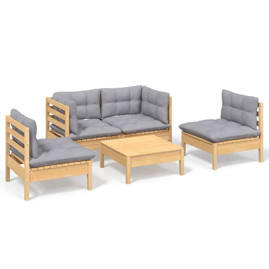 Salon de jardin 5 pcs avec coussins gris bois de pin massif - 2