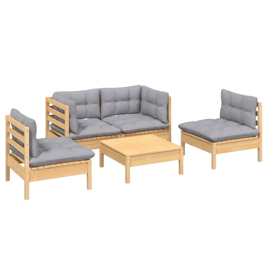 Salon de jardin 5 pcs avec coussins gris bois de pin massif - 3