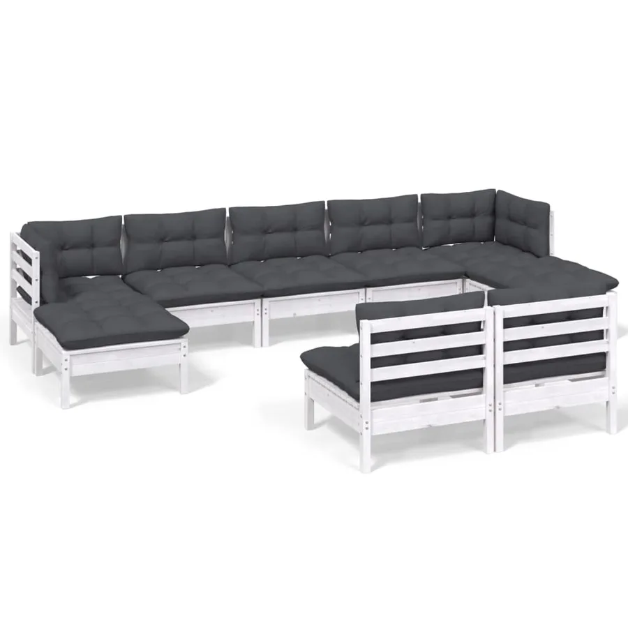 Salon de jardin 9 pcs avec coussins blanc bois de pin - 2
