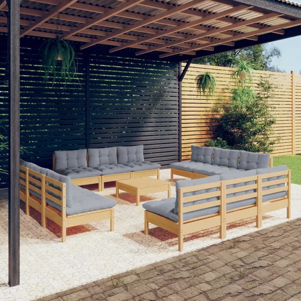 Salon de jardin 13 pcs avec coussins gris bois de pin