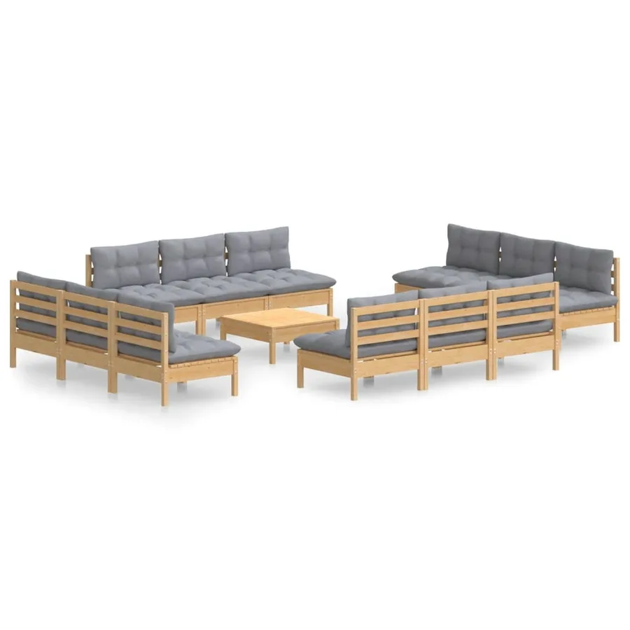 Salon de jardin 13 pcs avec coussins gris bois de pin - 2