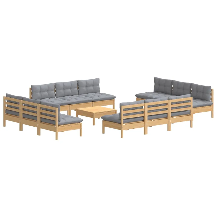 Salon de jardin 13 pcs avec coussins gris bois de pin - 3