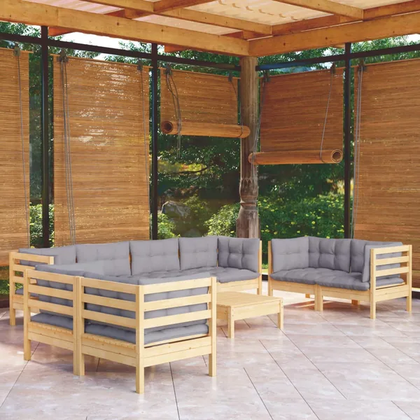 Salon de jardin 9 pcs avec coussins gris bois de pin massif