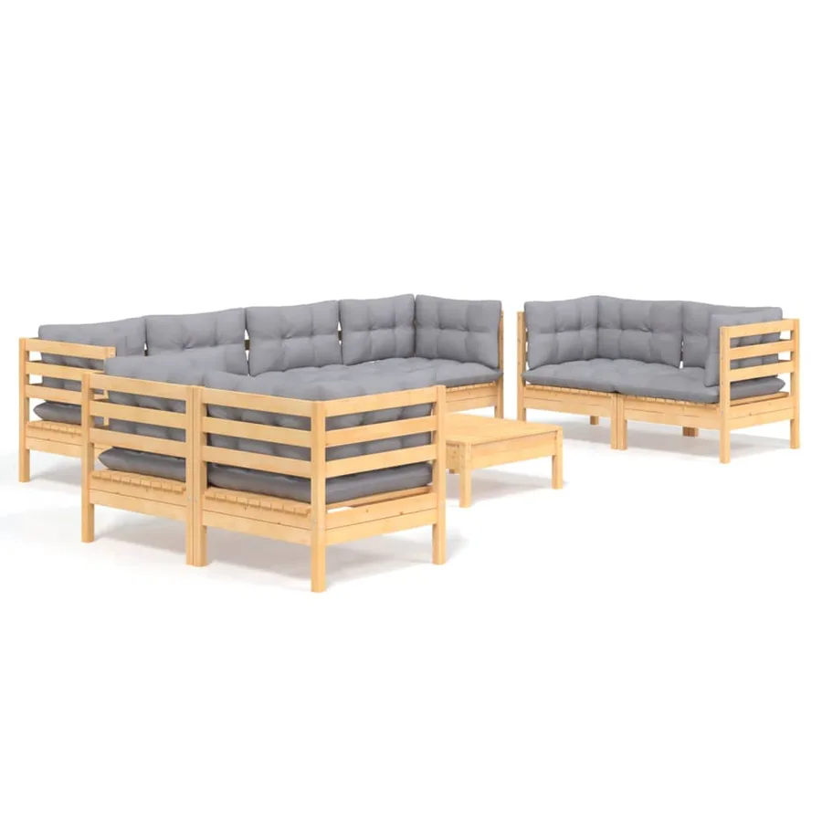 Salon de jardin 9 pcs avec coussins gris bois de pin massif - 2