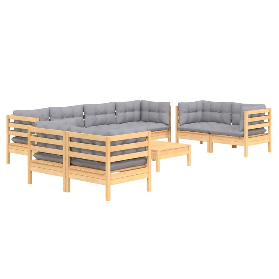 Salon de jardin 9 pcs avec coussins gris bois de pin massif - 3