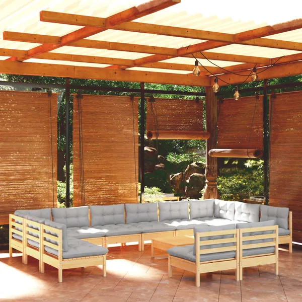 Salon de jardin 13 pcs avec coussins gris Bois de pin solide
