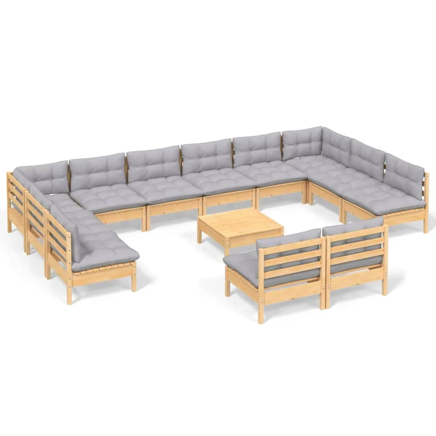 Salon de jardin 13 pcs avec coussins gris Bois de pin solide - 2