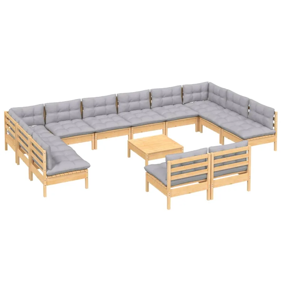 Salon de jardin 13 pcs avec coussins gris Bois de pin solide - 3