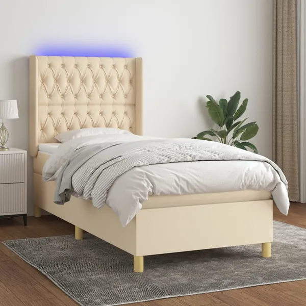 Sommier à lattes de lit matelas et LED Crème 90x200 cm Tissu