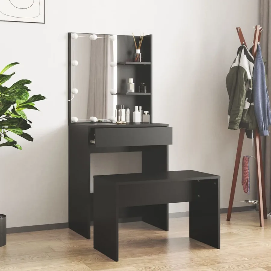 Ensemble de coiffeuse avec LED Noir Bois d'ingénierie - 3