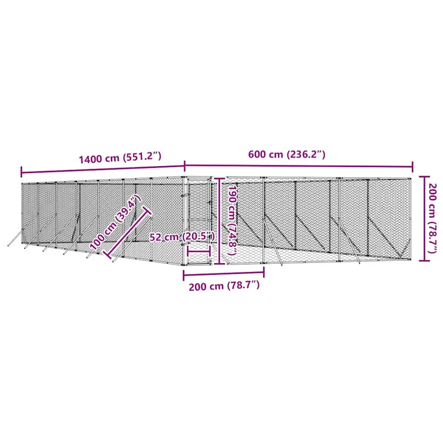 Chenil d'extérieur pour chiens argenté 6x14x2 m acier galvanisé - 9