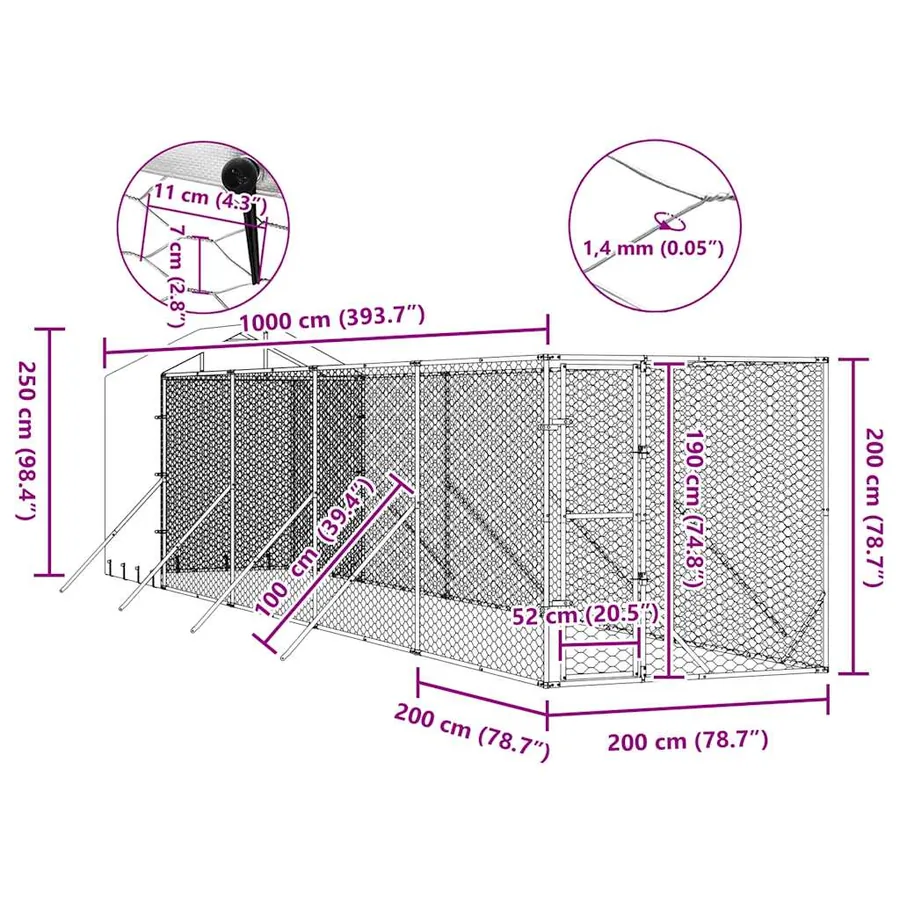 Chenil d'extérieur pour chiens avec toit argenté 2x10x2,5 m - 9