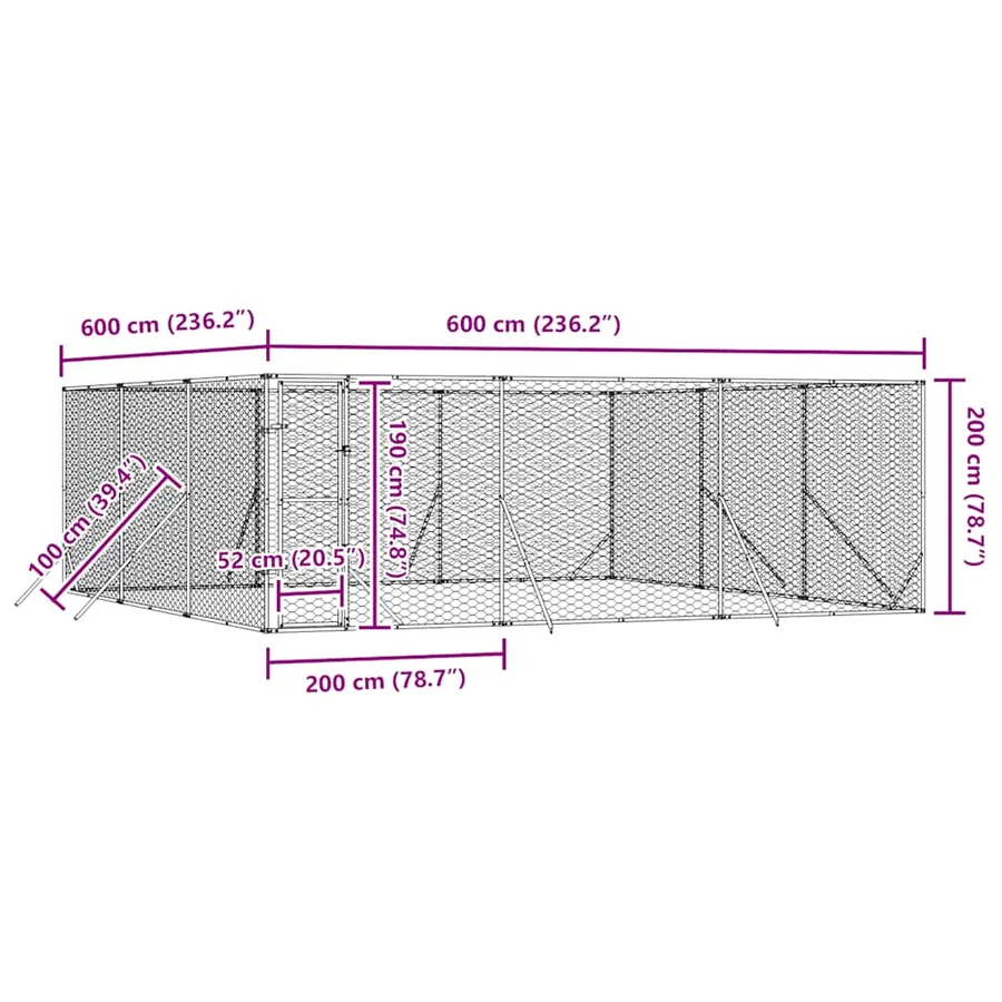 Chenil d'extérieur pour chiens argenté 6x6x2 m acier galvanisé - 9