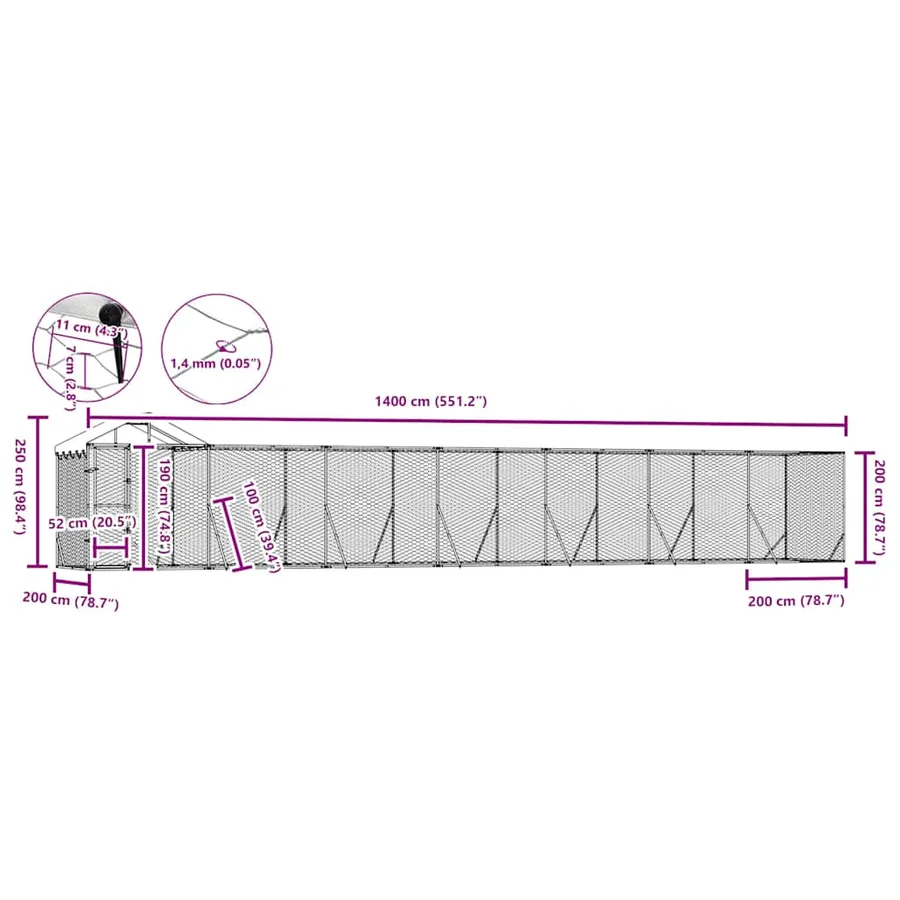 Chenil d'extérieur pour chiens avec toit argenté 14x2x2,5 m - 9