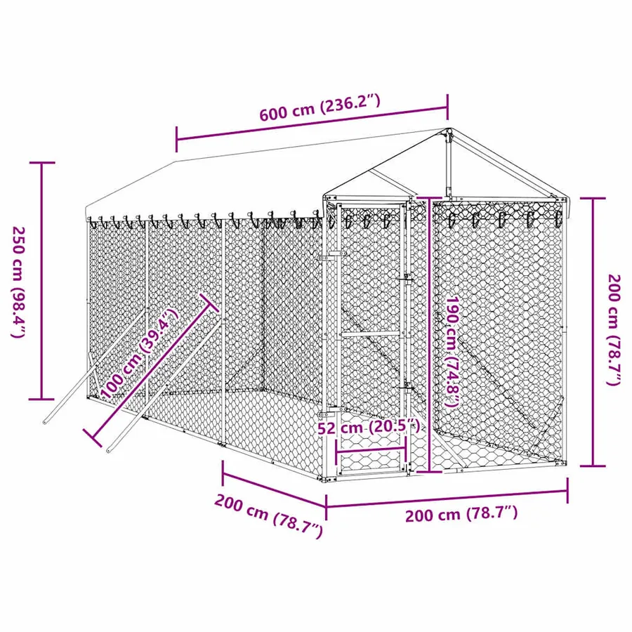 Chenil d'extérieur pour chiens avec toit argenté 2x6x2,5 m - 8