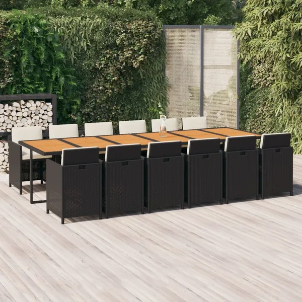 Ensemble à manger de jardin coussins 13 pcs Résine tressée Noir