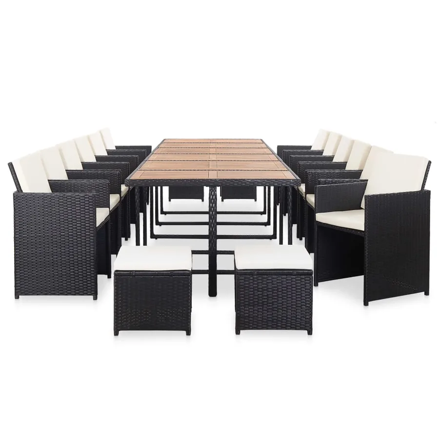 Ensemble à manger d'extérieur 17 pcs avec coussins Rotin Noir