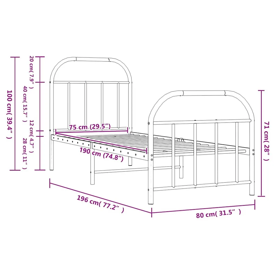 Cadre de lit métal sans matelas avec pied de lit noir 75x190 cm - 10