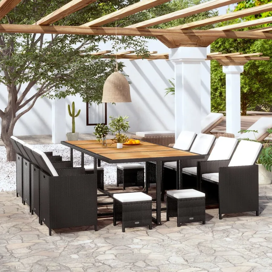 Ensemble à manger d'extérieur 13pcs Rotin et bois d'acacia Noir