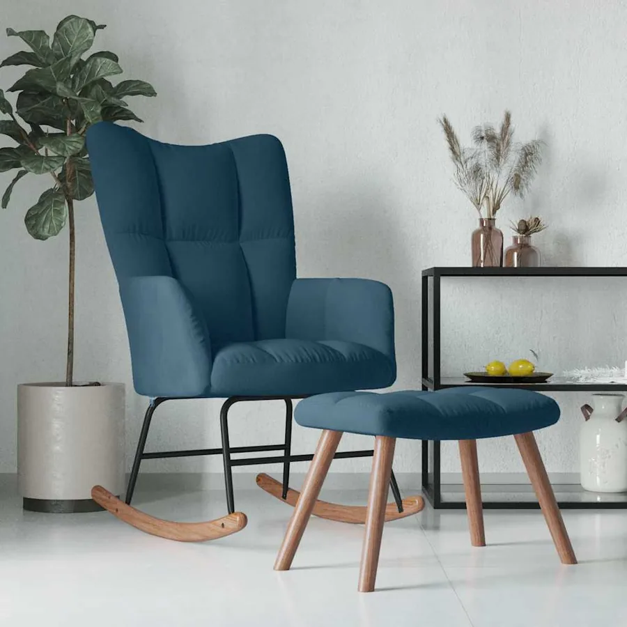 Chaise à bascule avec tabouret en velours bleu