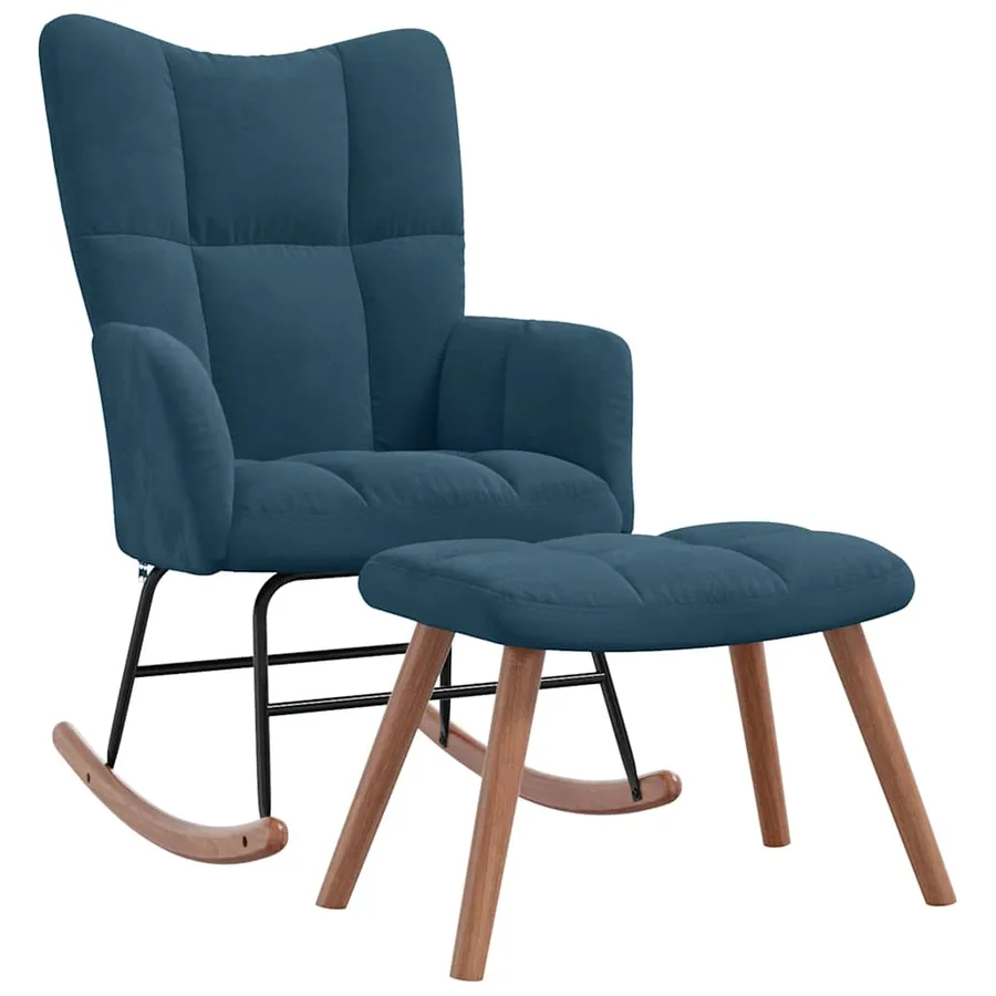 Chaise à bascule avec tabouret en velours bleu - 2