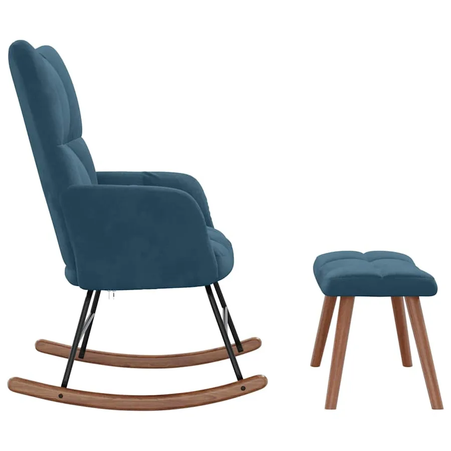 Chaise à bascule avec tabouret en velours bleu - 4