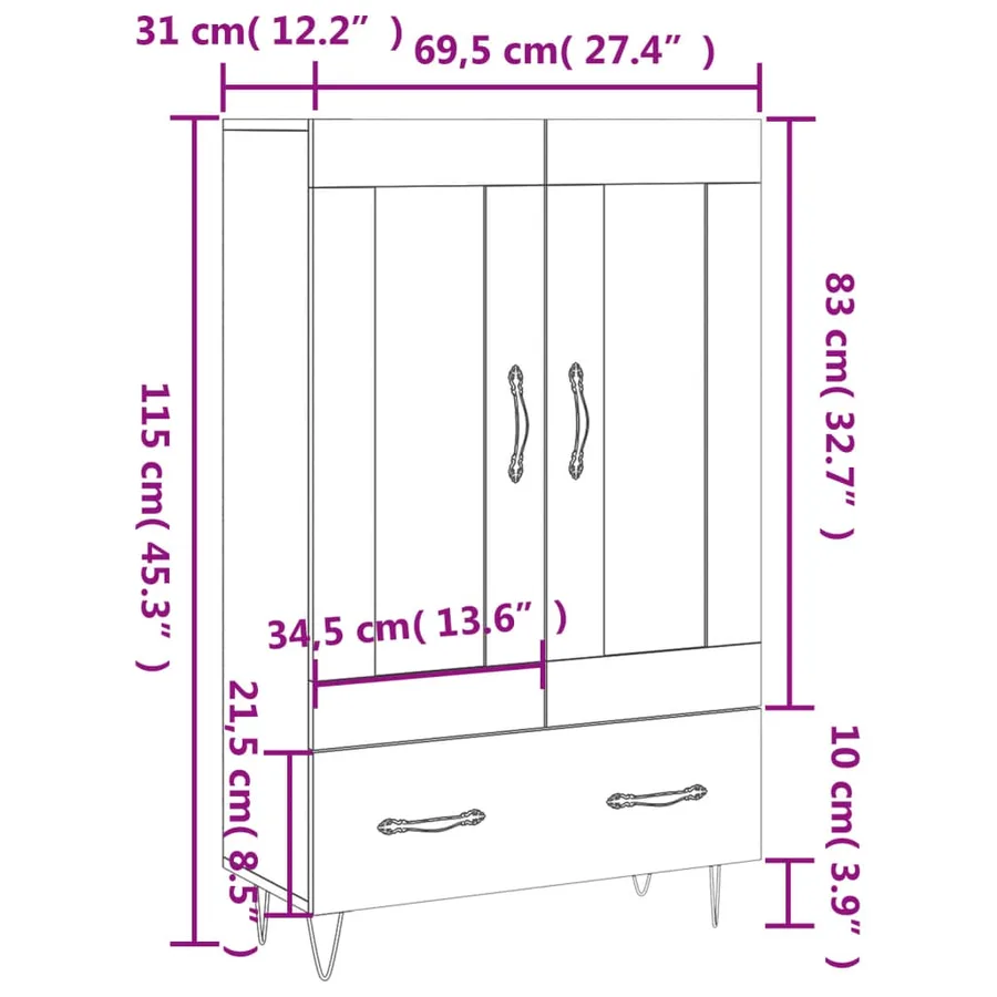 Buffet haut blanc 69,5x31x115 cm bois d'ingénierie - 13