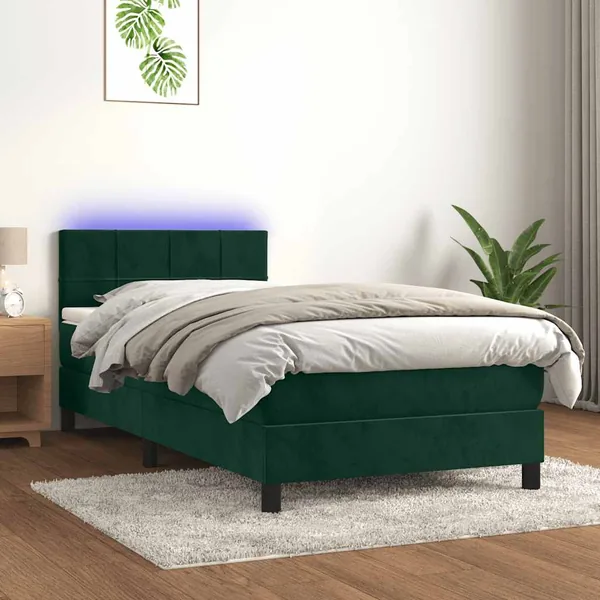 Sommier à lattes de lit et matelas et LED Vert foncé 90x190 cm
