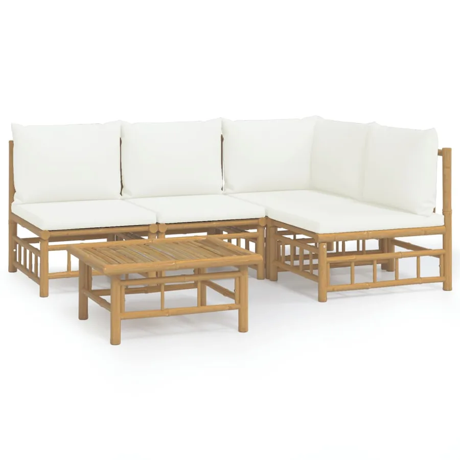 Salon de jardin 5 pcs avec coussins blanc crème bambou - 2