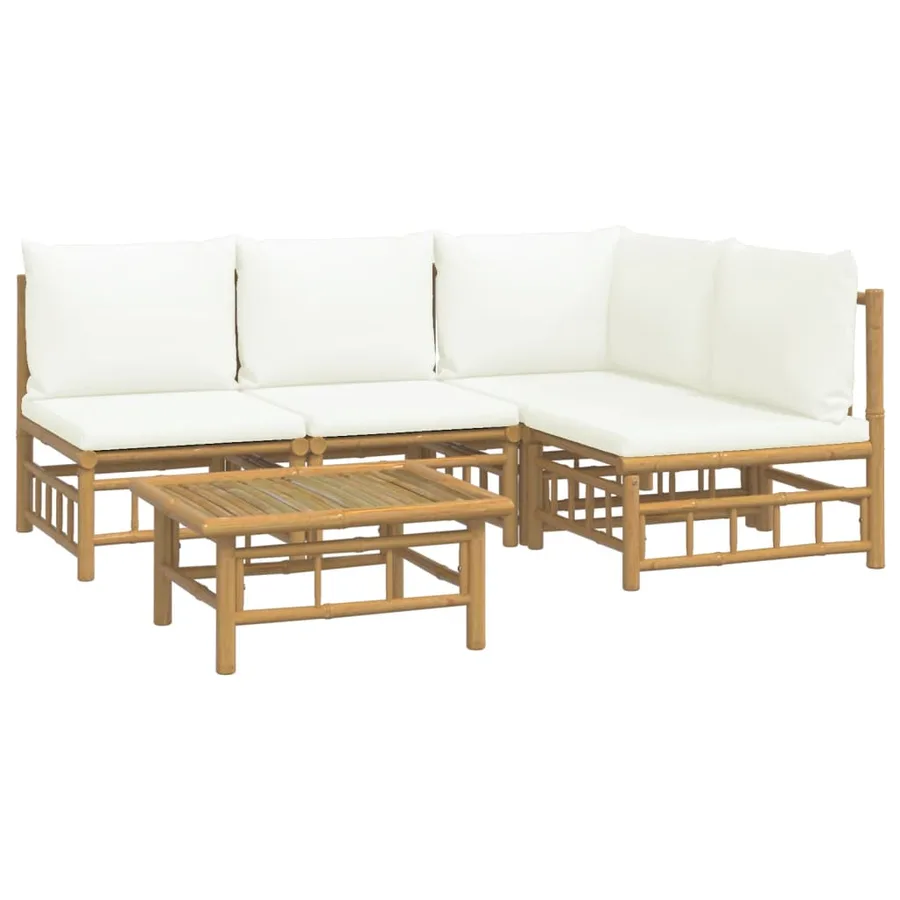 Salon de jardin 5 pcs avec coussins blanc crème bambou - 3