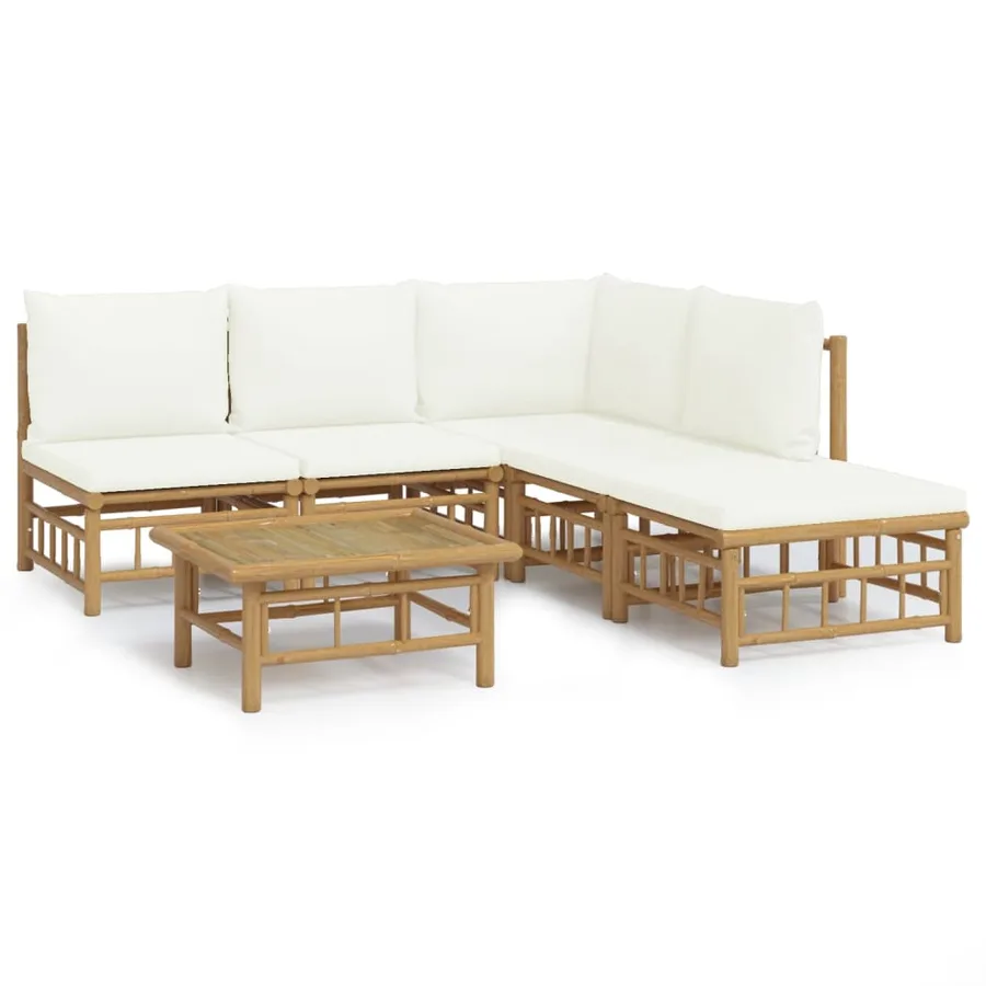 Salon de jardin 6 pcs avec coussins blanc crème bambou - 2