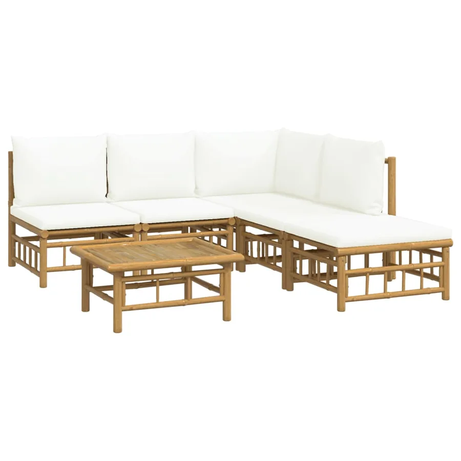 Salon de jardin 6 pcs avec coussins blanc crème bambou - 3