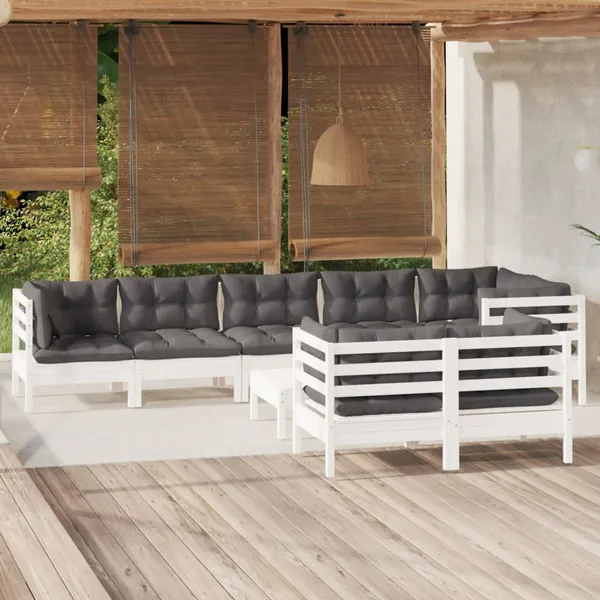 Salon de jardin 9 pcs avec coussins blanc bois de pin massif
