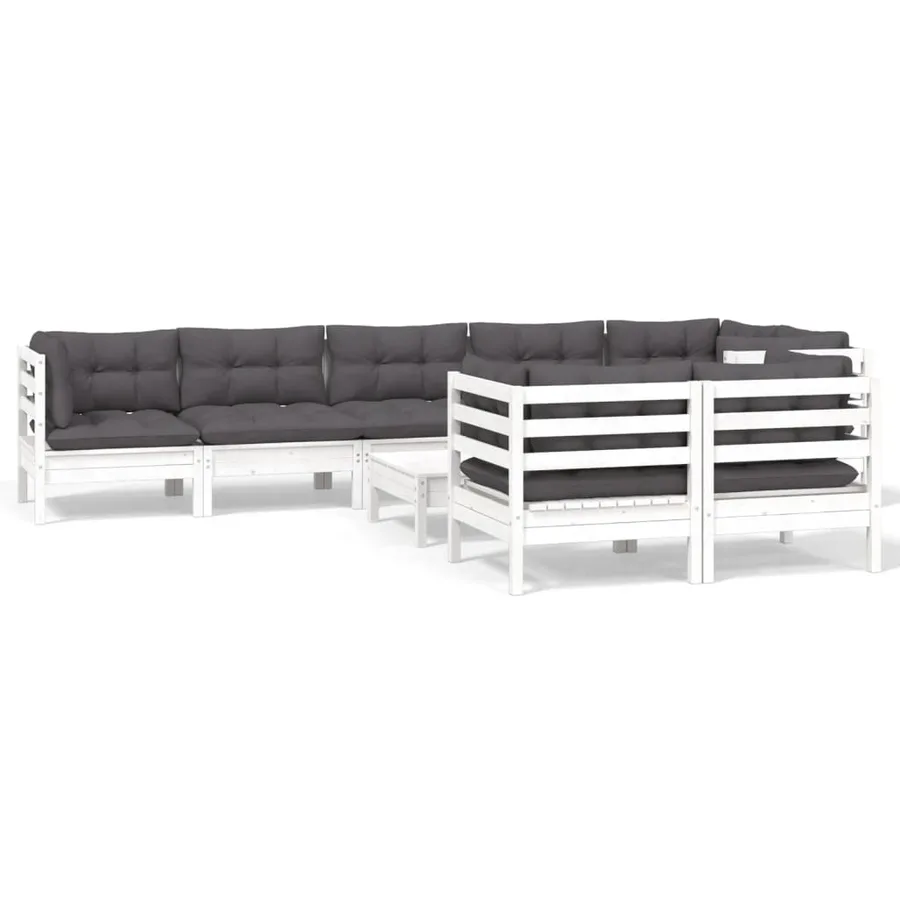 Salon de jardin 9 pcs avec coussins blanc bois de pin massif - 2
