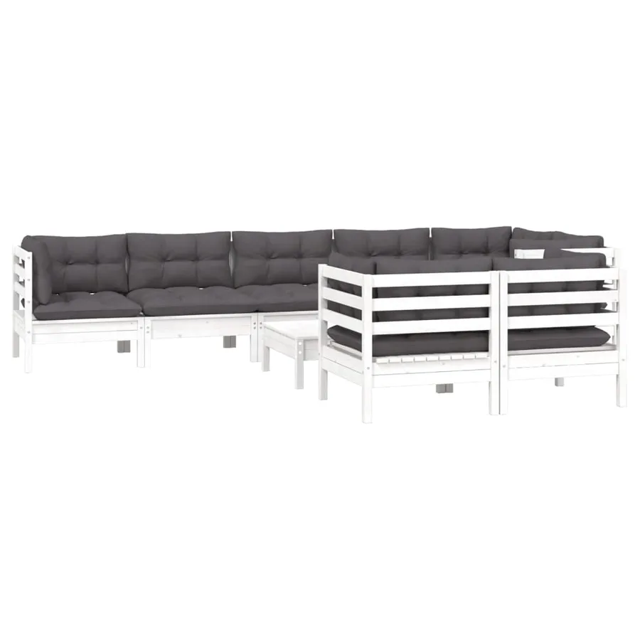 Salon de jardin 9 pcs avec coussins blanc bois de pin massif - 3