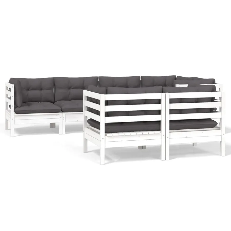 Salon de jardin 7 pcs avec coussins blanc bois de pin massif - 2
