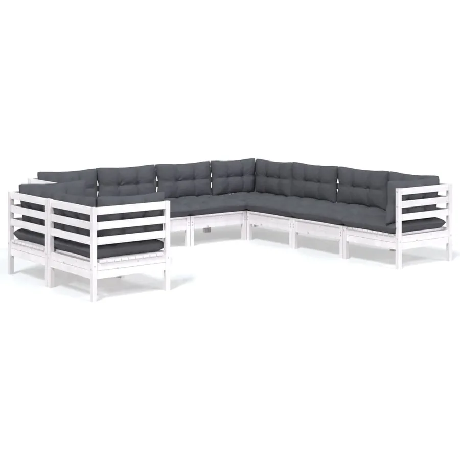 Salon de jardin 9 pcs avec coussins blanc bois de pin massif - 2