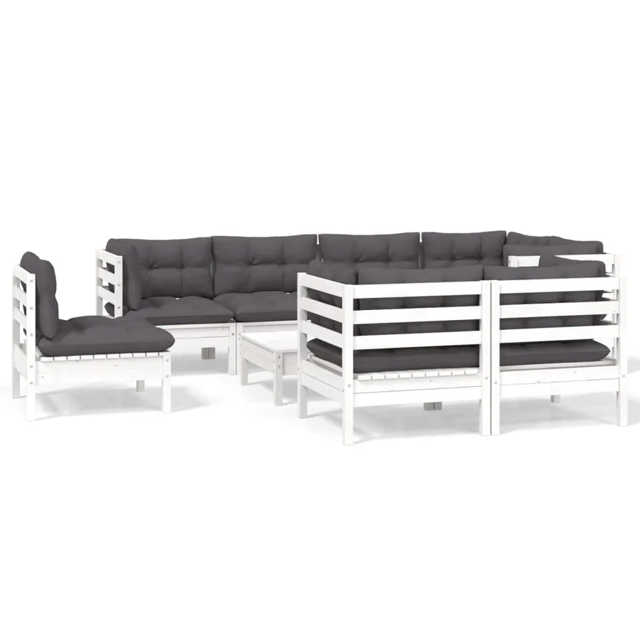 Salon de jardin 9 pcs avec coussins blanc bois de pin massif - 2