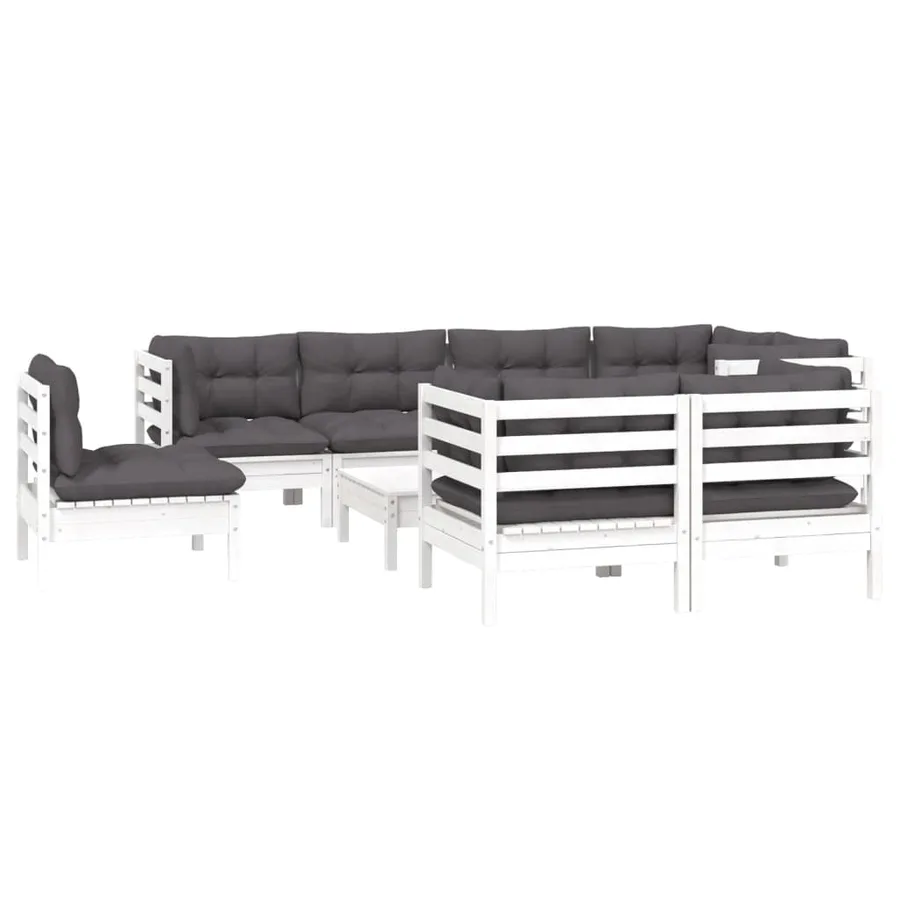 Salon de jardin 9 pcs avec coussins blanc bois de pin massif - 3