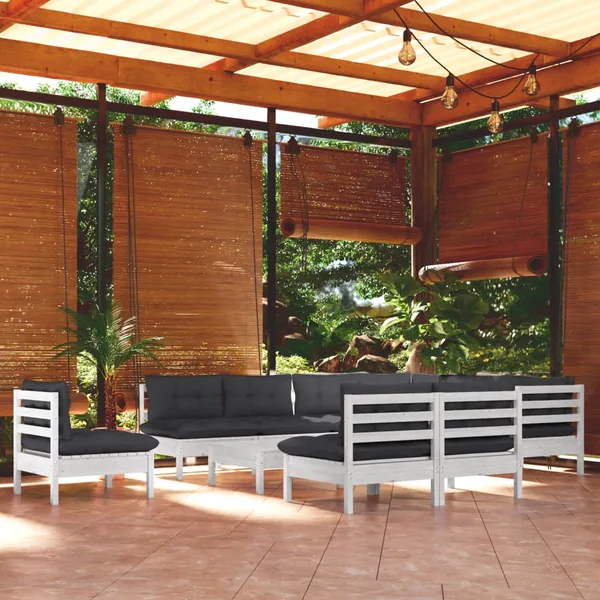 Salon de jardin 11 pcs avec coussins blanc bois de pin solide
