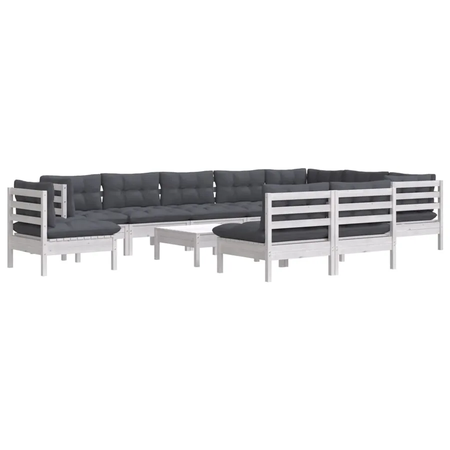 Salon de jardin 11 pcs avec coussins blanc bois de pin solide - 3