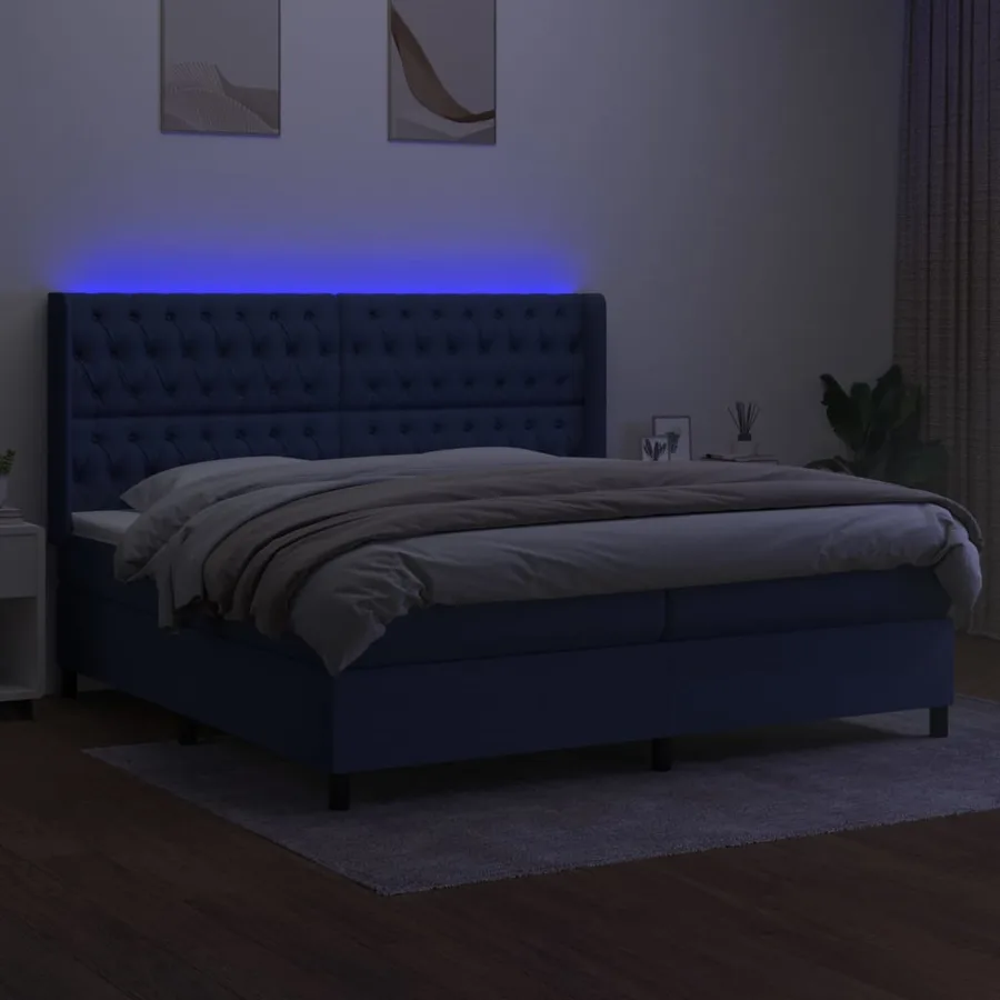Sommier à lattes de lit matelas et LED Bleu 200x200 cm Tissu - 3