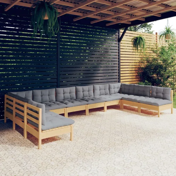 Salon de jardin 10 pcs avec coussins gris bois de pin massif