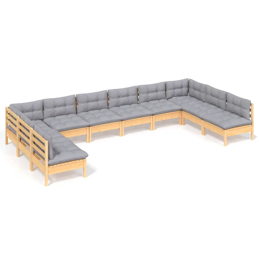 Salon de jardin 10 pcs avec coussins gris bois de pin massif - 2