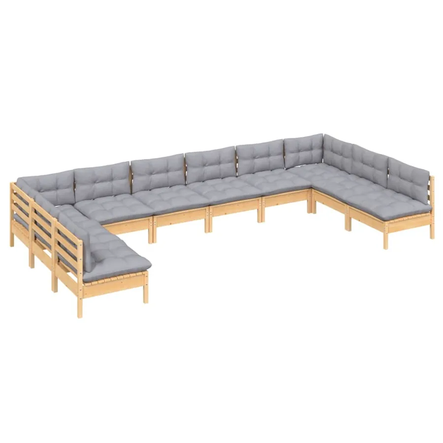 Salon de jardin 10 pcs avec coussins gris bois de pin massif - 3