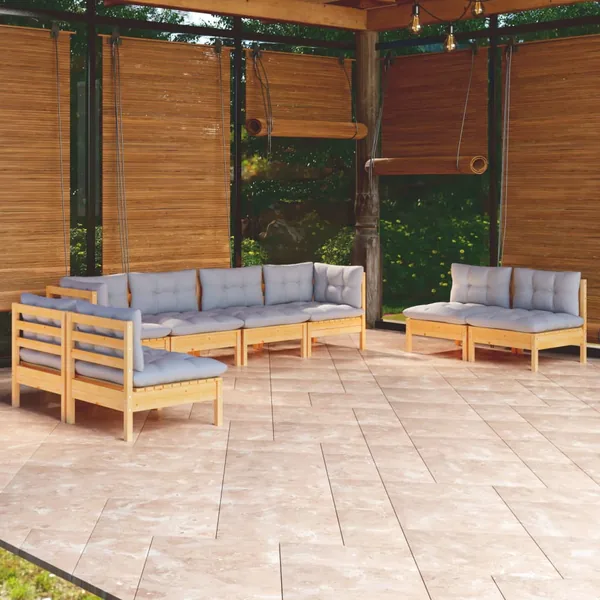 Salon de jardin 8 pcs avec coussins gris Bois de pin massif