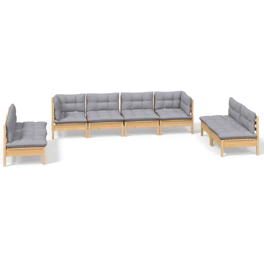 Salon de jardin 8 pcs avec coussins gris Bois de pin massif - 2