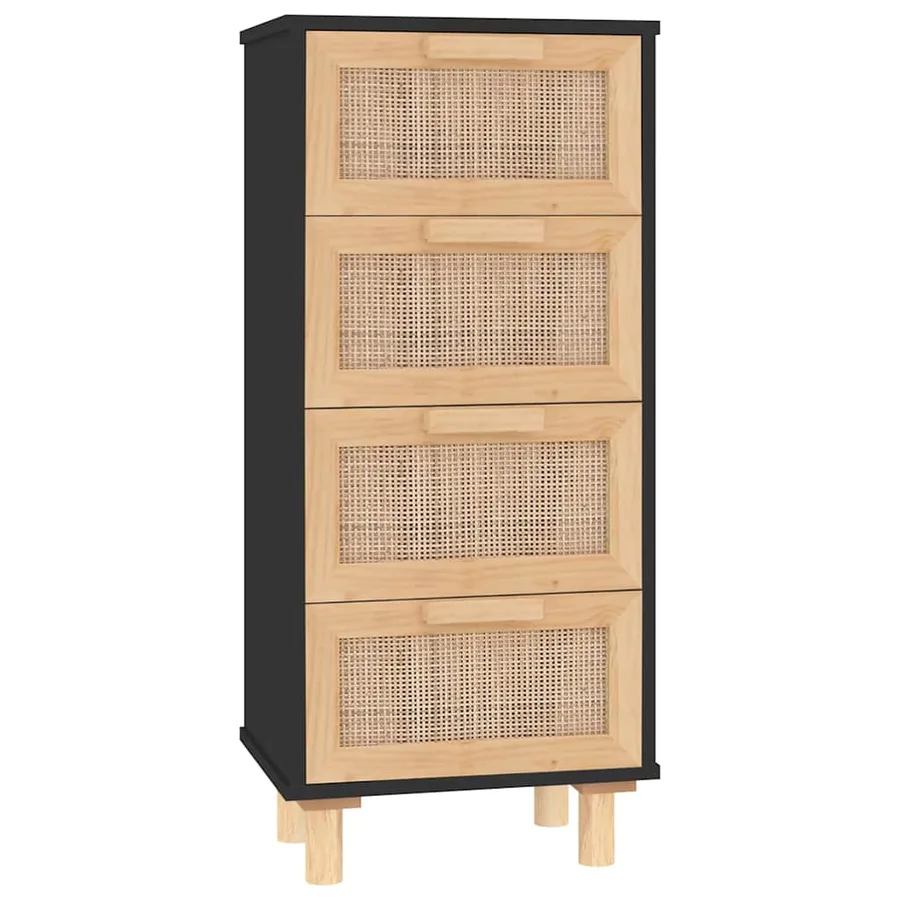 Buffet Noir 40x30x90 cm Bois de pin massif et rotin naturel - 2